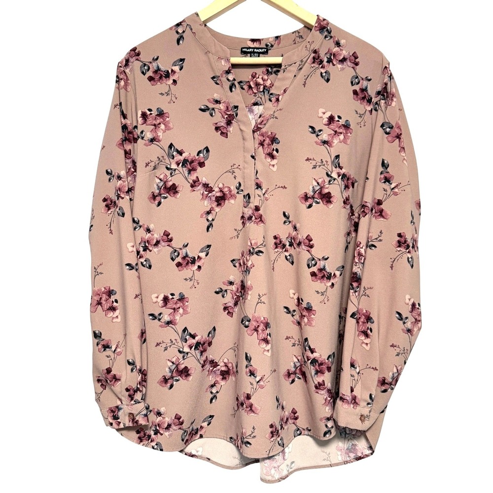 Hilary Radley Blouse Womens XL Pink Garden Floral Tunic Split Neck Long Sleeve